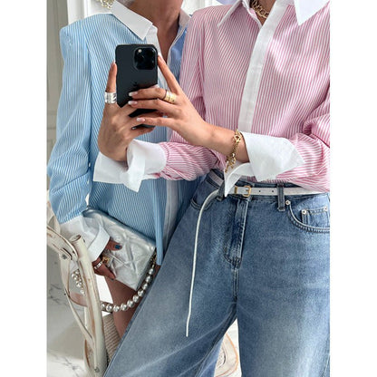 Women's Casual Printed Patchwork Long Sleeves Striped ShirtDana FashionDana FashionWomen's Casual Printed Patchwork Long Sleeves Striped Shirt