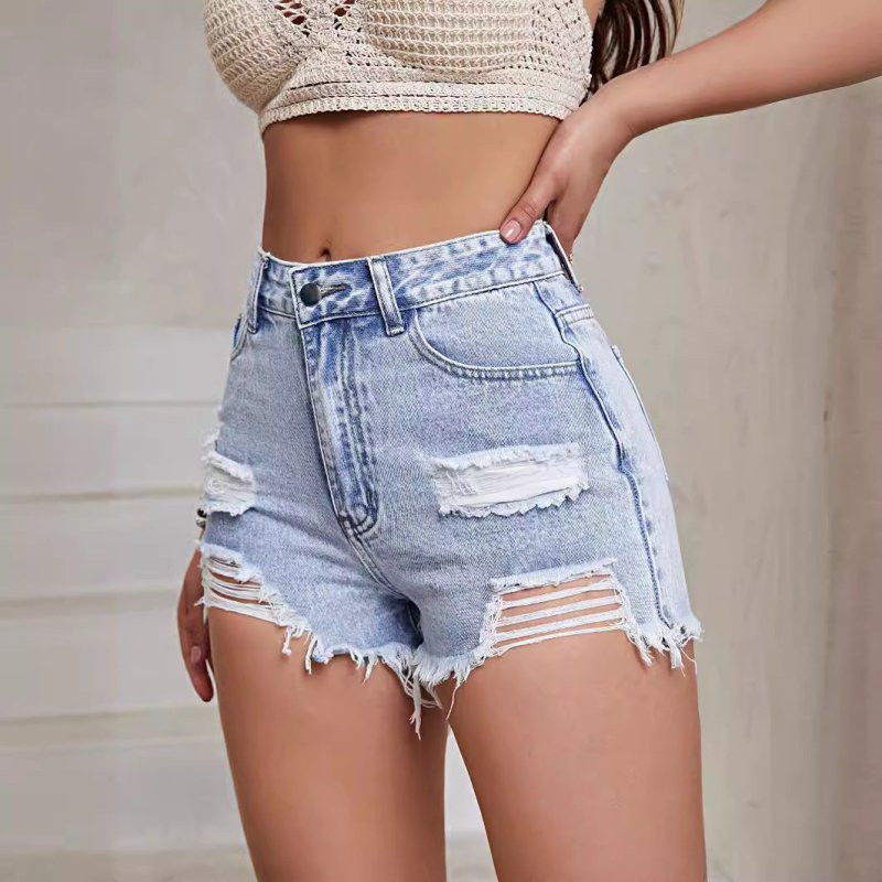 Women's Clothing European And American Fashion Holes Denim Shorts $25.99 Dana Fashion Color: Light Color Washed Blue Size: L Women's clothing Product information: Fabric name: denim Color: light color and water scrubbing Blue Main fabric composition: Cott