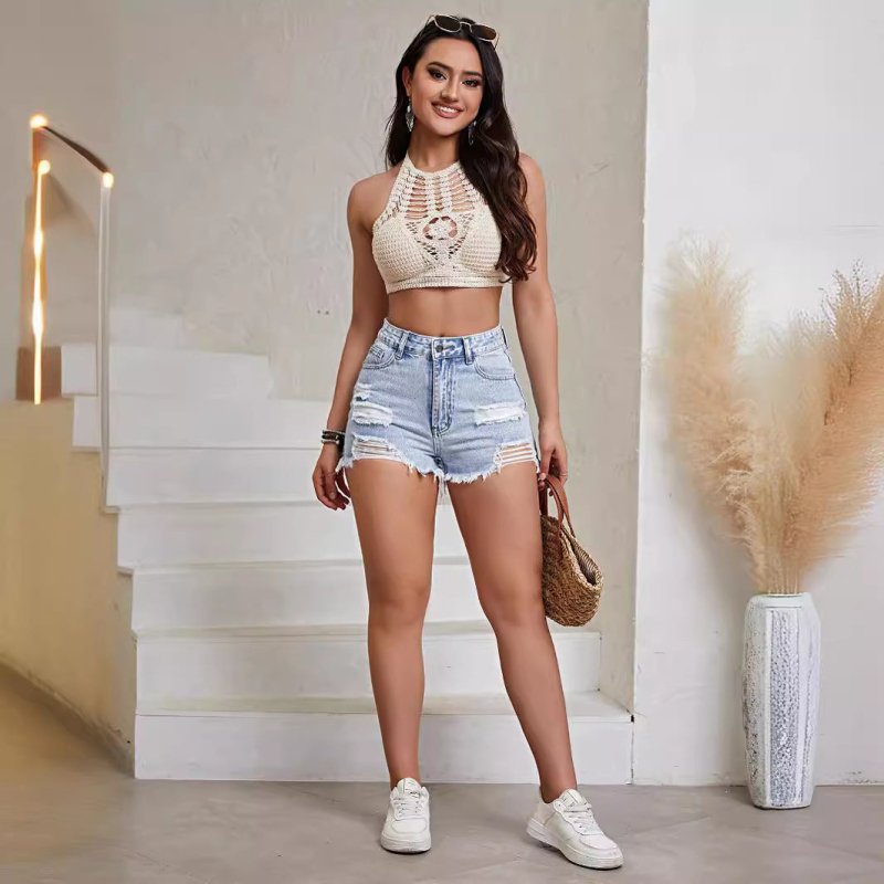 Women's Clothing European And American Fashion Holes Denim Shorts $25.99 Dana Fashion Color: Light Color Washed Blue Size: L Women's clothing Product information: Fabric name: denim Color: light color and water scrubbing Blue Main fabric composition: Cott