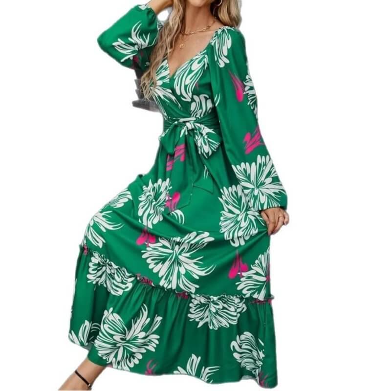 Women's Clothing Fashion Vacation V-neck Backless Print Dress $35.90 Dana Fashion Color: Green Size: L Women's clothing Product information: Pattern: Printing Color: green Waist type: high waist Size: S,M,L,XL Combination form: Single piece Popular elemen