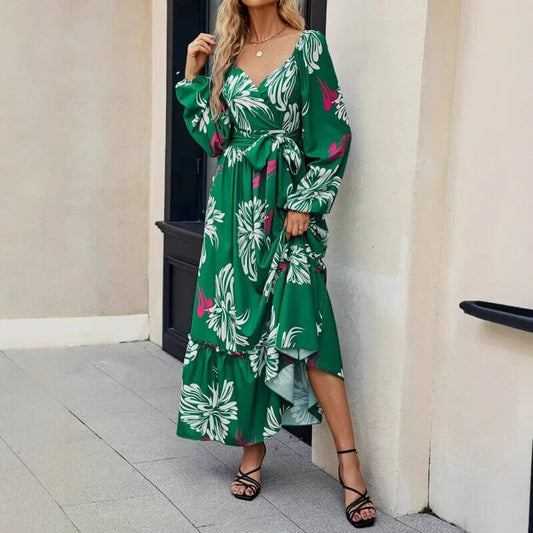 Women's Clothing Fashion Vacation V-neck Backless Print Dress $35.90 Dana Fashion Color: Green Size: L Women's clothing Product information: Pattern: Printing Color: green Waist type: high waist Size: S,M,L,XL Combination form: Single piece Popular elemen