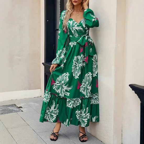 Women's Clothing Fashion Vacation V-neck Backless Print Dress $35.90 Dana Fashion Color: Green Size: L Women's clothing Product information: Pattern: Printing Color: green Waist type: high waist Size: S,M,L,XL Combination form: Single piece Popular elemen