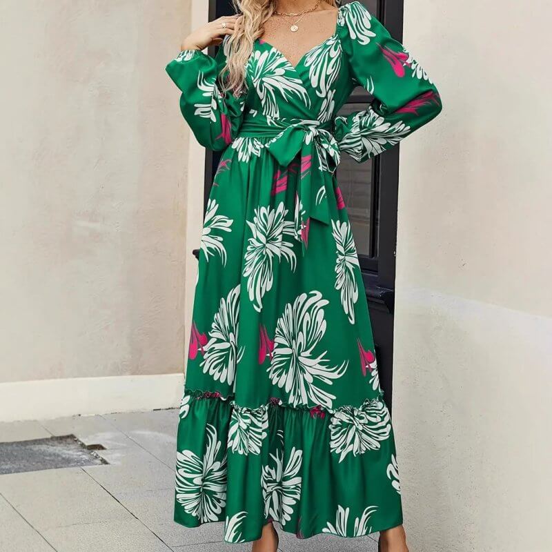 Women's Clothing Fashion Vacation V-neck Backless Print Dress $35.90 Dana Fashion Color: Green Size: L Women's clothing Product information: Pattern: Printing Color: green Waist type: high waist Size: S,M,L,XL Combination form: Single piece Popular elemen