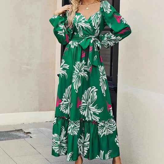 Women's Clothing Fashion Vacation V-neck Backless Print Dress $35.90 Dana Fashion Color: Green Size: L Women's clothing Product information: Pattern: Printing Color: green Waist type: high waist Size: S,M,L,XL Combination form: Single piece Popular elemen