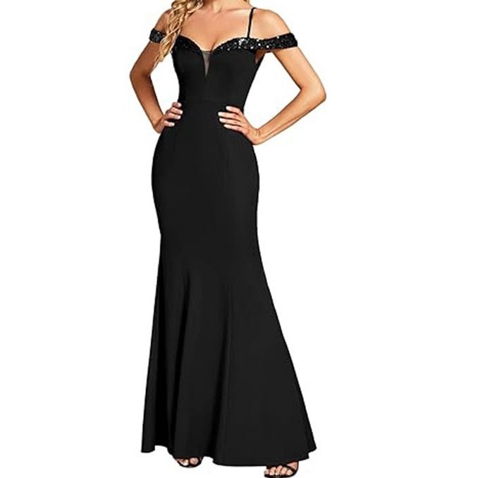 Women's Clothing Off-neck Sling Evening Long Dress $169.00 Dana Fashion Color: Black Size: US10 Women's clothing Product information: Applicable scenario: Wedding Color: wine red, black, navy blue Main fabric composition: Polyester Size: US2,US4,US6,US8,U