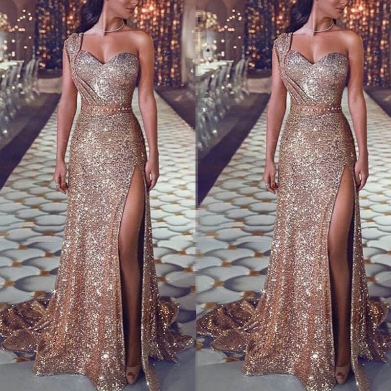 Women's Clothing One-shoulder Sleeveless Bronzing Split Dress $39.50 Dana Fashion Color: Black size: 2XL Women's clothing Product information: Pattern: solid color Skirt type: A- line skirt Color: pink, red, gold, purple, black, blue, rose gold Waist Type