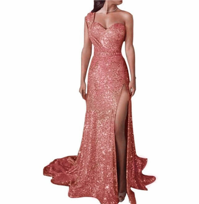 Women's Clothing One-shoulder Sleeveless Bronzing Split Dress $39.50 Dana Fashion Color: Pink size: 2XL Women's clothing Product information: Pattern: solid color Skirt type: A- line skirt Color: pink, red, gold, purple, black, blue, rose gold Waist Type: