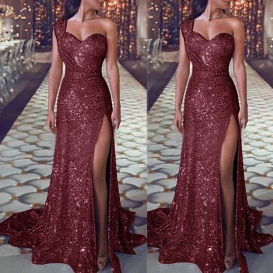 Women's Clothing One-shoulder Sleeveless Bronzing Split Dress $39.50 Dana Fashion Color: Red size: 2XL Women's clothing Product information: Pattern: solid color Skirt type: A- line skirt Color: pink, red, gold, purple, black, blue, rose gold Waist Type:
