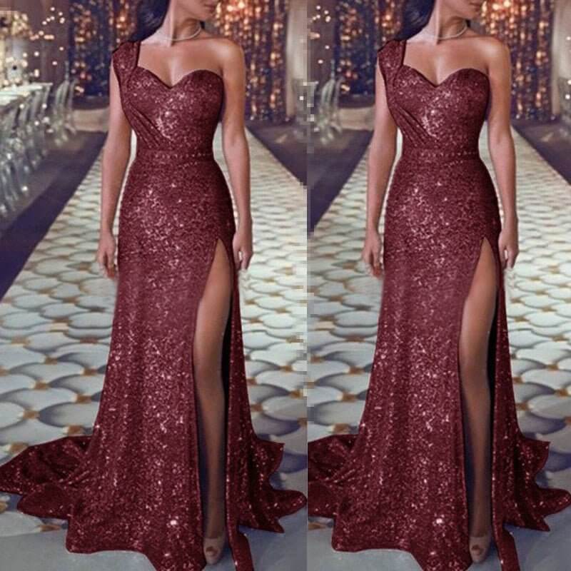 Women's Clothing One-shoulder Sleeveless Bronzing Split Dress $39.50 Dana Fashion Color: Red size: 2XL Women's clothing Product information: Pattern: solid color Skirt type: A- line skirt Color: pink, red, gold, purple, black, blue, rose gold Waist Type: