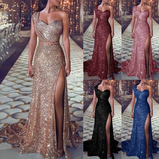 Women's Clothing One-shoulder Sleeveless Bronzing Split Dress $39.50 Dana Fashion Color: Black size: 2XL Women's clothing Product information: Pattern: solid color Skirt type: A- line skirt Color: pink, red, gold, purple, black, blue, rose gold Waist Type