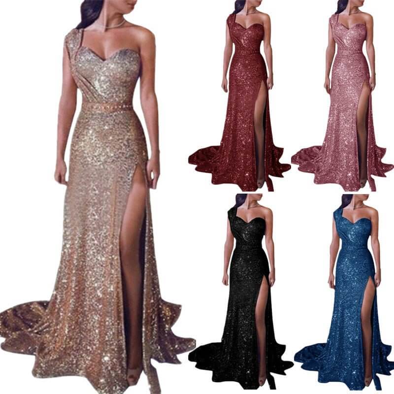 Women's Clothing One-shoulder Sleeveless Bronzing Split Dress $39.50 Dana Fashion Color: Black size: 2XL Women's clothing Product information: Pattern: solid color Skirt type: A- line skirt Color: pink, red, gold, purple, black, blue, rose gold Waist Type