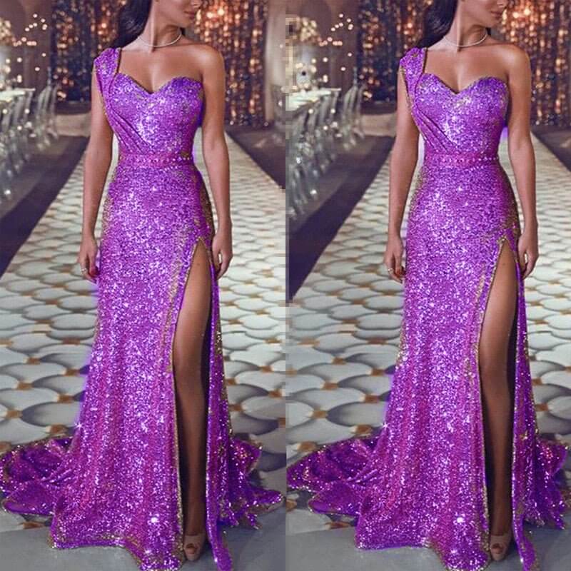 Women's Clothing One-shoulder Sleeveless Bronzing Split Dress $39.50 Dana Fashion Color: Purple size: 2XL Women's clothing Product information: Pattern: solid color Skirt type: A- line skirt Color: pink, red, gold, purple, black, blue, rose gold Waist Typ