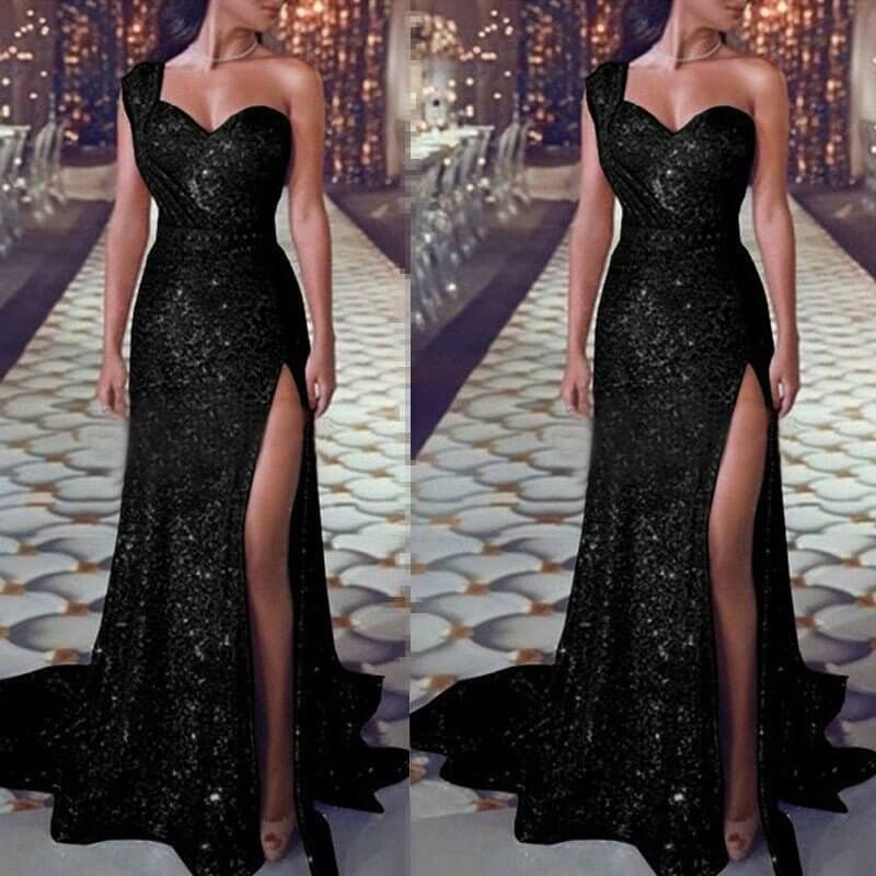 Women's Clothing One-shoulder Sleeveless Bronzing Split Dress $39.50 Dana Fashion Color: Black size: 2XL Women's clothing Product information: Pattern: solid color Skirt type: A- line skirt Color: pink, red, gold, purple, black, blue, rose gold Waist Type
