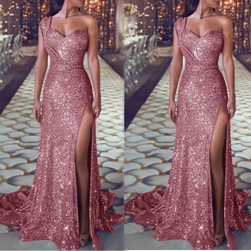 Women's Clothing One-shoulder Sleeveless Bronzing Split Dress $39.50 Dana Fashion Color: Black size: 2XL Women's clothing Product information: Pattern: solid color Skirt type: A- line skirt Color: pink, red, gold, purple, black, blue, rose gold Waist Type
