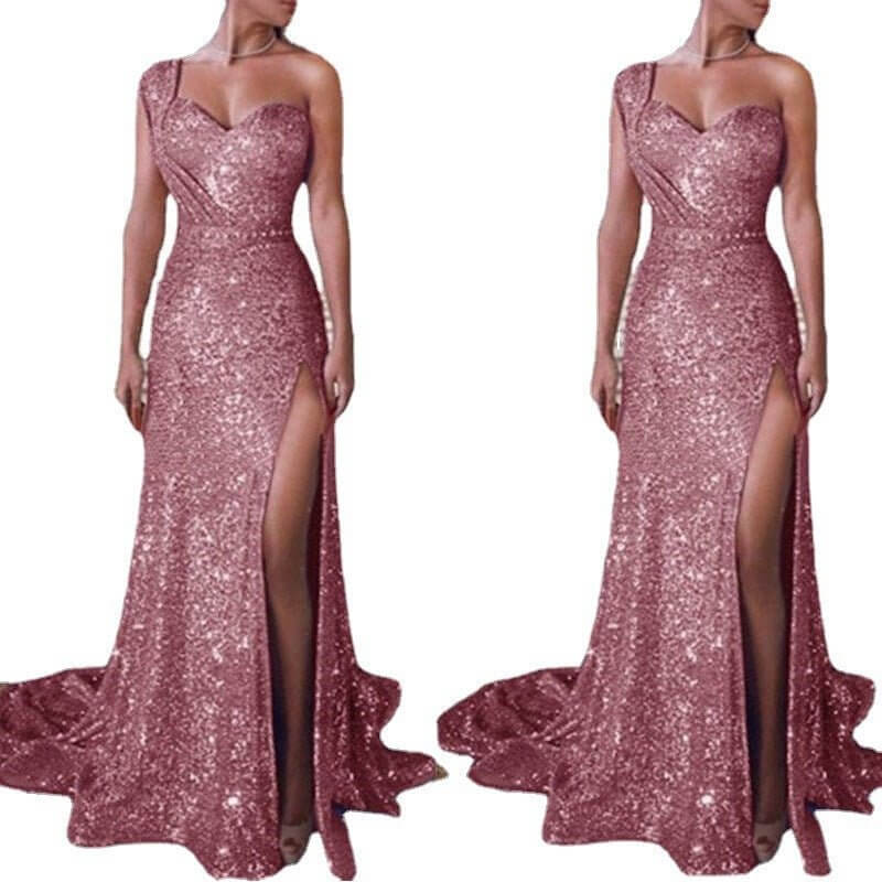 Women's Clothing One-shoulder Sleeveless Bronzing Split Dress $39.50 Dana Fashion Color: Black size: 2XL Women's clothing Product information: Pattern: solid color Skirt type: A- line skirt Color: pink, red, gold, purple, black, blue, rose gold Waist Type
