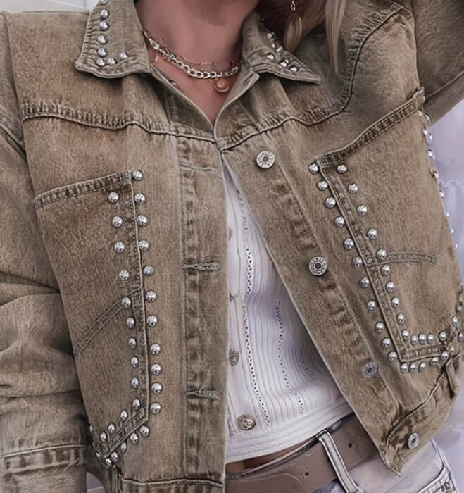Women's Decorative Rivets Denim Jacket $59.50 Dana Fashion Color: Khaki Size: L Women's clothing Product information: Fabric name: denim Color: khaki Sleeve type: regular sleeve Main fabric composition: Cotton Size: XS,S,M,L Version: Regular Length: norma