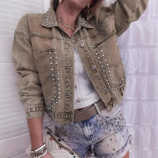 Women's Decorative Rivets Denim Jacket $59.50 Dana Fashion Color: Khaki Size: L Women's clothing Product information: Fabric name: denim Color: khaki Sleeve type: regular sleeve Main fabric composition: Cotton Size: XS,S,M,L Version: Regular Length: norma