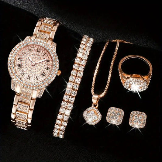 Women's Diamond Fashion Roman Quartz Watch Five-piece Set $33.28 Dana Fashion Color: Golden Suit Women's Accessories Product information: Color: silver suit (without gift box), golden suit (without gift box), rose gold set (without gift box), Thickness: 9