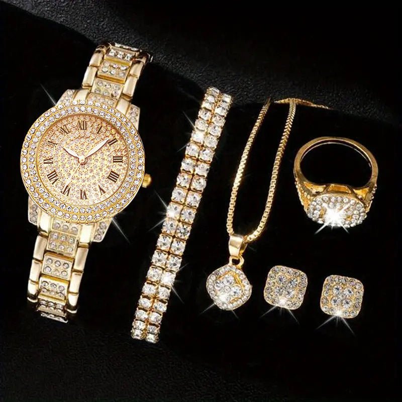 Women's Diamond Fashion Roman Quartz Watch Five-piece Set $33.28 Dana Fashion Color: Golden Suit Women's Accessories Product information: Color: silver suit (without gift box), golden suit (without gift box), rose gold set (without gift box), Thickness: 9