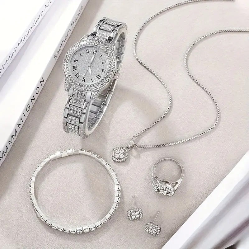 Women's Diamond Fashion Roman Quartz Watch Five-piece Set $33.28 Dana Fashion Color: Golden Suit Women's Accessories Product information: Color: silver suit (without gift box), golden suit (without gift box), rose gold set (without gift box), Thickness: 9