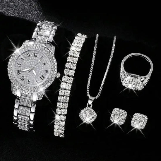 Women's Diamond Fashion Roman Quartz Watch Five-piece Set $33.28 Dana Fashion Color: Silver Suit Women's Accessories Product information: Color: silver suit (without gift box), golden suit (without gift box), rose gold set (without gift box), Thickness: 9