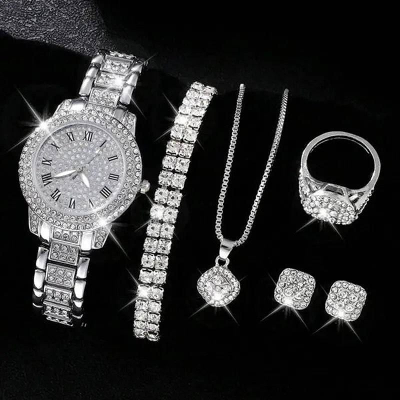 Women's Diamond Fashion Roman Quartz Watch Five-piece Set $33.28 Dana Fashion Color: Silver Suit Women's Accessories Product information: Color: silver suit (without gift box), golden suit (without gift box), rose gold set (without gift box), Thickness: 9