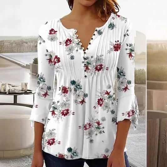 Women's Digital Printing V-neck Long-t-shirt $32.20 Dana Fashion Color: Q3WTXBA70CHUNBAI Size: L Women's clothing Product information: Sleeve type: regular sleeve Main fabric composition: Polyester Fiber Size: S,M,L Version: Loose Style type: fresh and sw