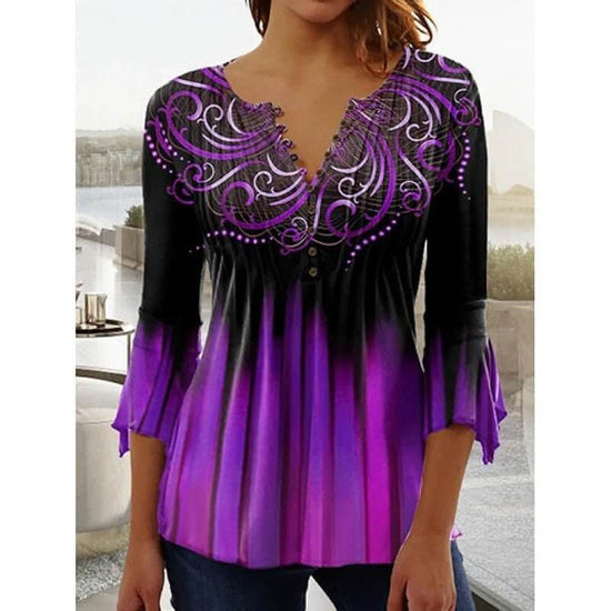 Women's Digital Printing V-neck Long-t-shirt $32.20 Dana Fashion Color: Q3WTXBA70OP020404 Size: L Women's clothing Product information: Sleeve type: regular sleeve Main fabric composition: Polyester Fiber Size: S,M,L Version: Loose Style type: fresh and s