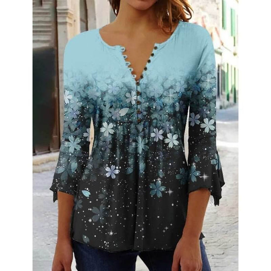 Women's Digital Printing V-neck Long-t-shirt $32.20 Dana Fashion Color: Q3WTXBA70OP030703 Size: L Women's clothing Product information: Sleeve type: regular sleeve Main fabric composition: Polyester Fiber Size: S,M,L Version: Loose Style type: fresh and s