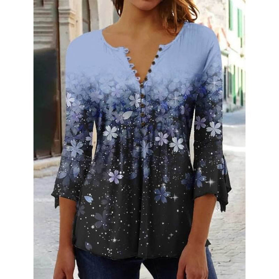 Women's Digital Printing V-neck Long-t-shirt $32.20 Dana Fashion Color: Q3WTXBA70OP030705 Size: L Women's clothing Product information: Sleeve type: regular sleeve Main fabric composition: Polyester Fiber Size: S,M,L Version: Loose Style type: fresh and s
