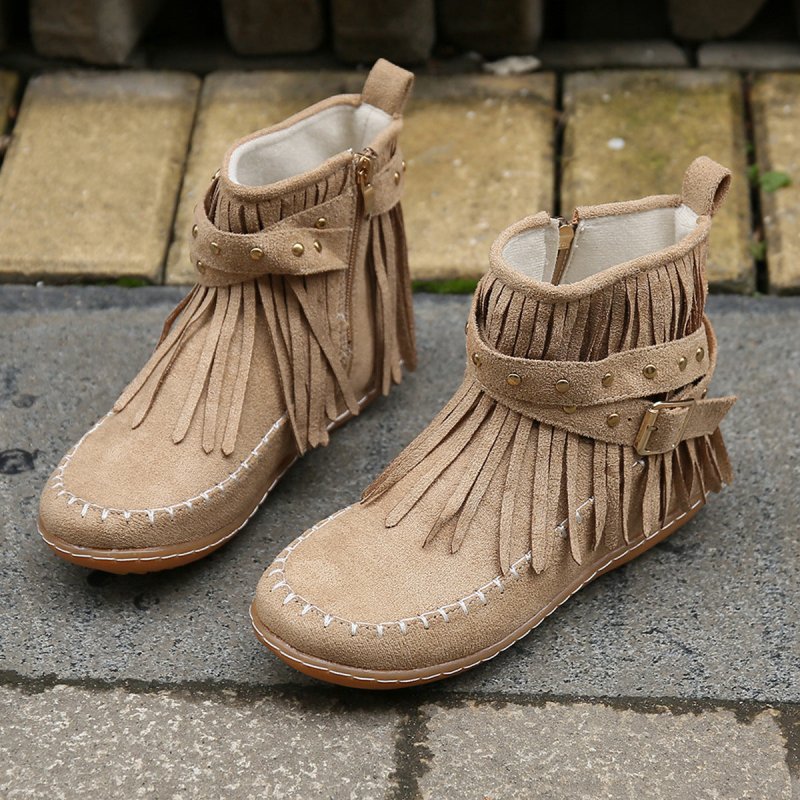 Women's Double-layer Tassel Flat Bottom Fleece-lined Boots $36.96 Dana Fashion Color: Beige Size: 36 Women's shoes Product information: Color: Black, creamy-white, dark brown Heel height: flat heel Heel shape: Wedge Size: 36,37,38,39,40,41,42,43 Sole mate