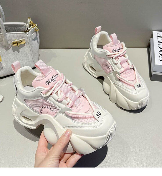 Women's Fashion Casual Thick Bottom Breathable Sneakers $60.50 Dana Fashion Color: Beige size: 35 Women's shoes Product information: Lining material: Mesh Color: pink, black, beige Heel height: mid heel (3-5CM) Size: 35, 36, 37, 38, 39, 40 Sole craft: vis