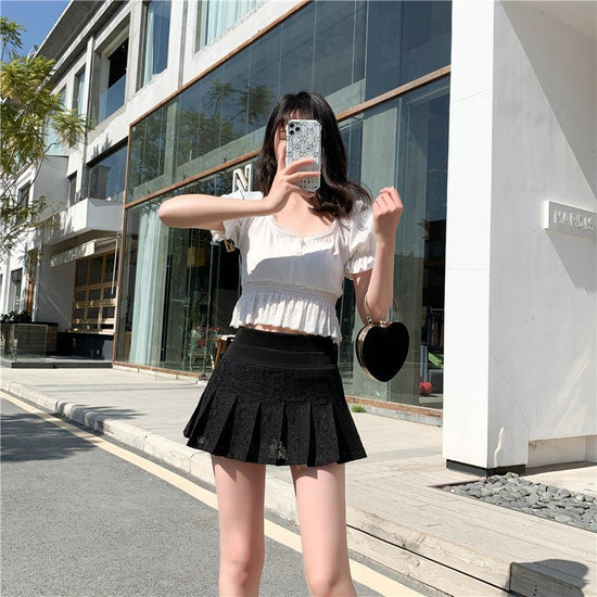 Women's Fashion New Super Short Mini Skirts $30.00 Dana Fashion Color: Black anti glare Size: L Women's clothing Product information: Pattern: plain Main fabric composition: Chlorine fiber (chlorine) Popular elements: lace, folds, hollow, gauze Color: whi