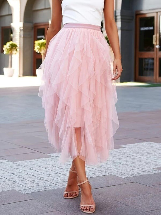 Women's Fashionable All-matching Slimming Mesh Skirt $39.50 Dana Fashion Color: Pink Size: L Women's clothing Product information: Pattern: solid color Fabric name: Polyester Skirt type: asymmetric skirt Color: pink, black Size: S,M,L,XL,XXL Style: sweet