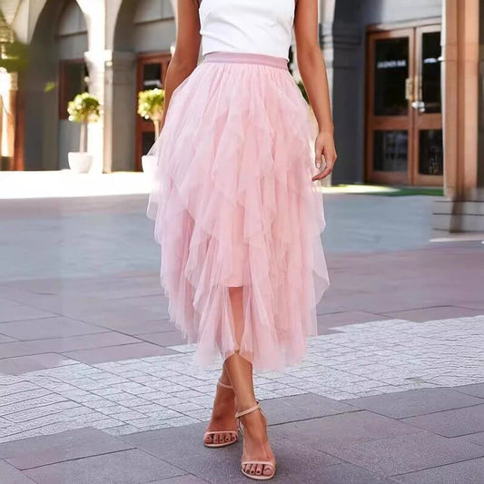 Women's Fashionable All-matching Slimming Mesh Skirt $39.50 Dana Fashion Color: Black Size: L Women's clothing Product information: Pattern: solid color Fabric name: Polyester Skirt type: asymmetric skirt Color: pink, black Size: S,M,L,XL,XXL Style: sweet