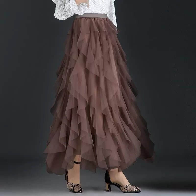 Women's Fashionable All-matching Slimming Mesh Skirt $39.50 Dana Fashion Color: Brown Size: L Women's clothing Product information: Pattern: solid color Fabric name: Polyester Skirt type: asymmetric skirt Color: pink, black Size: S,M,L,XL,XXL Style: sweet