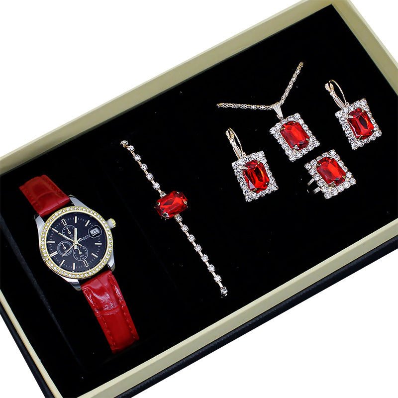 Women's Five-piece Square Jewelry Watch $29.76 Dana Fashion Color: Black Face Red Band Watch Women's Accessories Product information: Watch-buttom material: Stainless steel Crown type: Spiral crown Mirror material: ordinary glass mirror Dial diameter: 34m