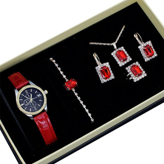Women's Five-piece Square Jewelry Watch $29.76 Dana Fashion Color: Black Face Red Band Watch Women's Accessories Product information: Watch-buttom material: Stainless steel Crown type: Spiral crown Mirror material: ordinary glass mirror Dial diameter: 34m