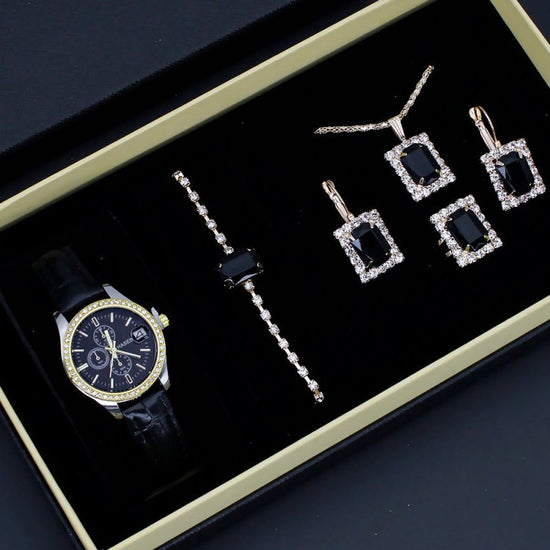 Women's Five-piece Square Jewelry Watch $45.50 Dana Fashion Color: Black Surface Black Belt Suit Women's Accessories Product information: Watch-buttom material: Stainless steel Crown type: Spiral crown Mirror material: ordinary glass mirror Dial diameter: