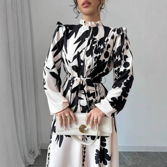 Women's Flower Waist Long Sleeve A- Line Dress $39.50 Dana Fashion Color: Beige Printing Size: L Women's clothing Product information: Color: beige print Size: XS,S,M,L,XL Skirt length: long skirt Fabric name: Polyester Main fabric composition: Polyester