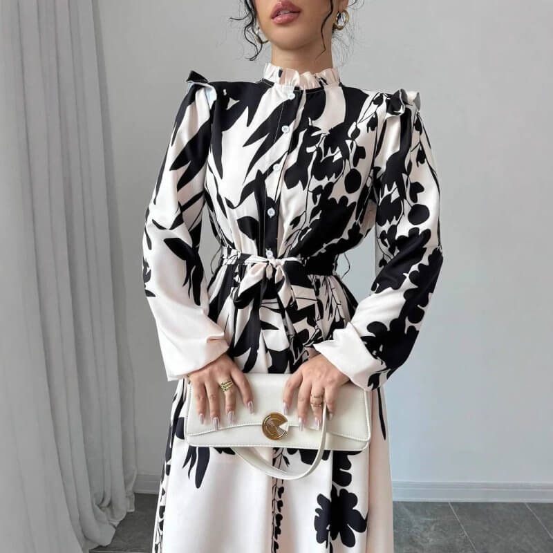 Women's Flower Waist Long Sleeve A- Line Dress $39.50 Dana Fashion Color: Beige Printing Size: L Women's clothing Product information: Color: beige print Size: XS,S,M,L,XL Skirt length: long skirt Fabric name: Polyester Main fabric composition: Polyester