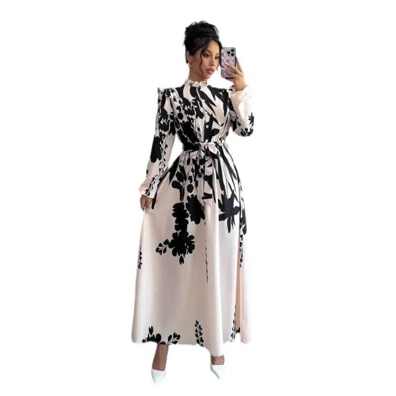 Women's Flower Waist Long Sleeve A- Line Dress $39.50 Dana Fashion Color: Beige Printing Size: L Women's clothing Product information: Color: beige print Size: XS,S,M,L,XL Skirt length: long skirt Fabric name: Polyester Main fabric composition: Polyester