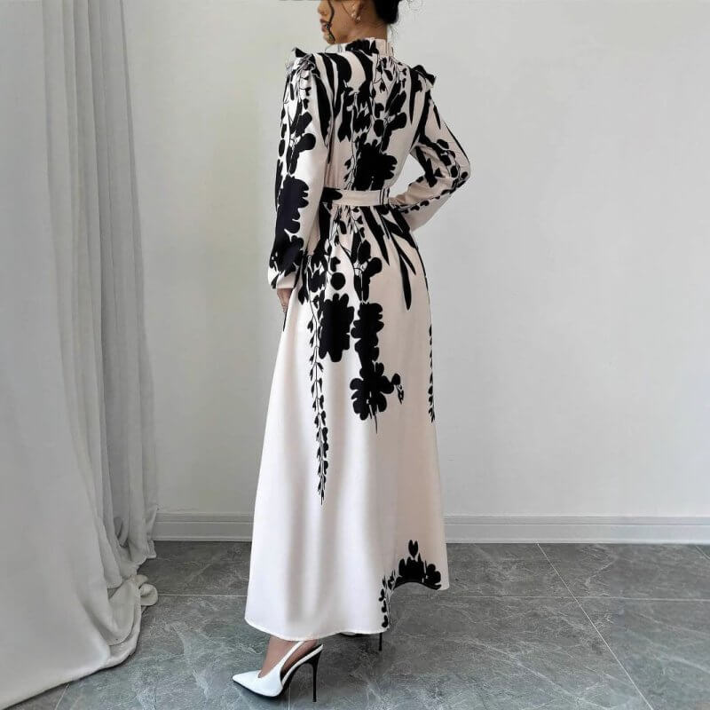 Women's Flower Waist Long Sleeve A- Line Dress $39.50 Dana Fashion Color: Beige Printing Size: L Women's clothing Product information: Color: beige print Size: XS,S,M,L,XL Skirt length: long skirt Fabric name: Polyester Main fabric composition: Polyester