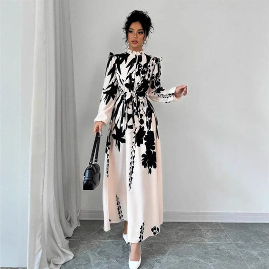 Women's Flower Waist Long Sleeve A- Line Dress $39.50 Dana Fashion Color: Beige Printing Size: L Women's clothing Product information: Color: beige print Size: XS,S,M,L,XL Skirt length: long skirt Fabric name: Polyester Main fabric composition: Polyester