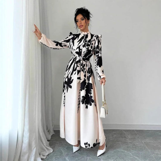 Women's Flower Waist Long Sleeve A- Line Dress $39.50 Dana Fashion Color: Beige Printing Size: L Women's clothing Product information: Color: beige print Size: XS,S,M,L,XL Skirt length: long skirt Fabric name: Polyester Main fabric composition: Polyester