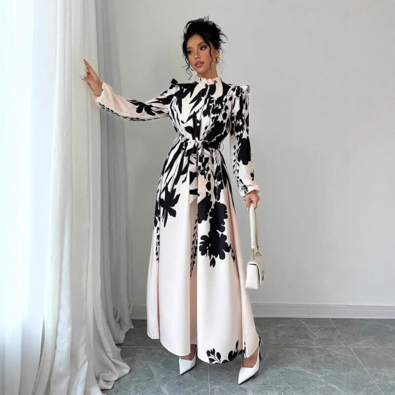 Women's Flower Waist Long Sleeve A- Line Dress $39.50 Dana Fashion Color: Beige Printing Size: L Women's clothing Product information: Color: beige print Size: XS,S,M,L,XL Skirt length: long skirt Fabric name: Polyester Main fabric composition: Polyester