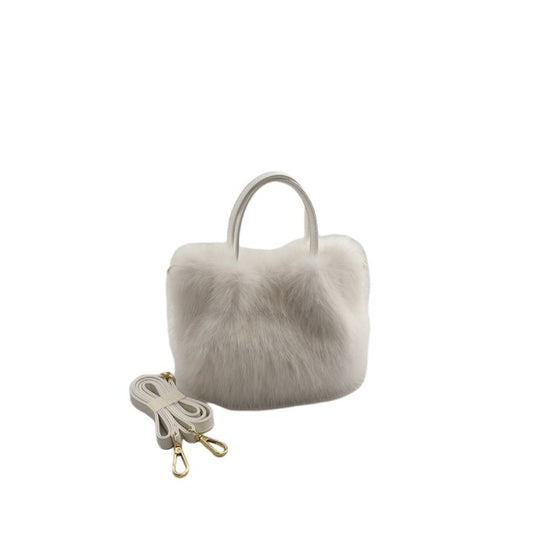Women's Fox Fur-style Tote Bag $46.53 Dana Fashion Color: White Size: 23X16X15cm Women's Bags Product information: Color: Camel, apricot, white, black Outer bag type: Three-dimensional pocket Hardness: medium and soft Material: Polyester Suitcase shape: H