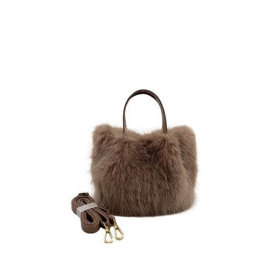 Women's Fox Fur-style Tote Bag $46.53 Dana Fashion Color: Camel Size: 23X16X15cm Women's Bags Product information: Color: Camel, apricot, white, black Outer bag type: Three-dimensional pocket Hardness: medium and soft Material: Polyester Suitcase shape: H