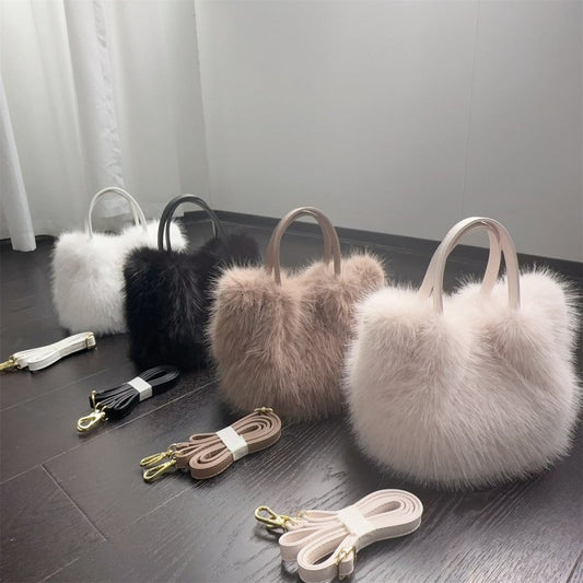 Women's Fox Fur-style Tote Bag $46.53 Dana Fashion Color: Apricot Size: 23X16X15cm Women's Bags Product information: Color: Camel, apricot, white, black Outer bag type: Three-dimensional pocket Hardness: medium and soft Material: Polyester Suitcase shape: