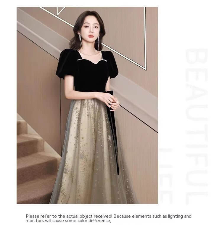 Women's French Light Luxury And Luxurious Black Evening Dress $98.50 Dana Fashion Color: Black Size: L Women's clothing Product information: Fabric name: Mesh Applicable scenario: Adult Ceremony Color: Black Main fabric composition: Regenerated Cellulose